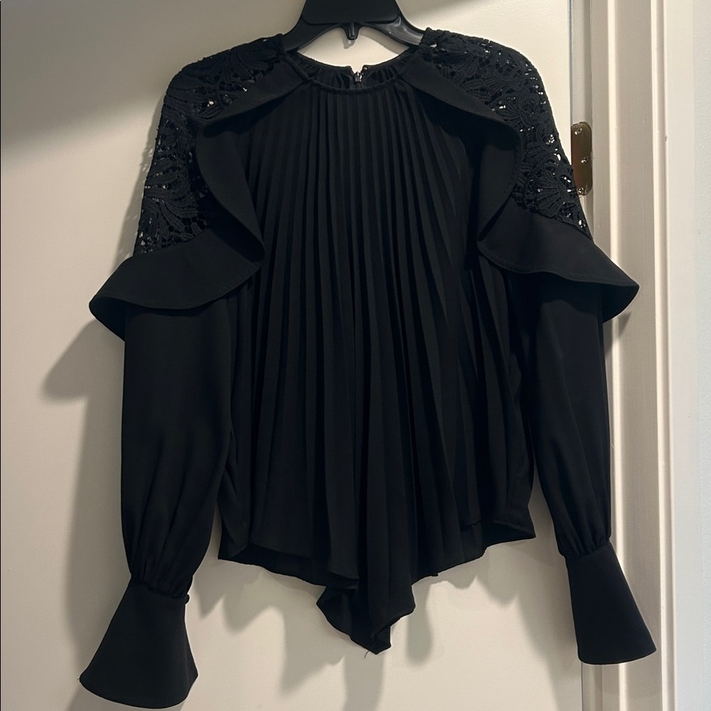 Self-Portrait Black Pleated Blouse with Lace Detail
